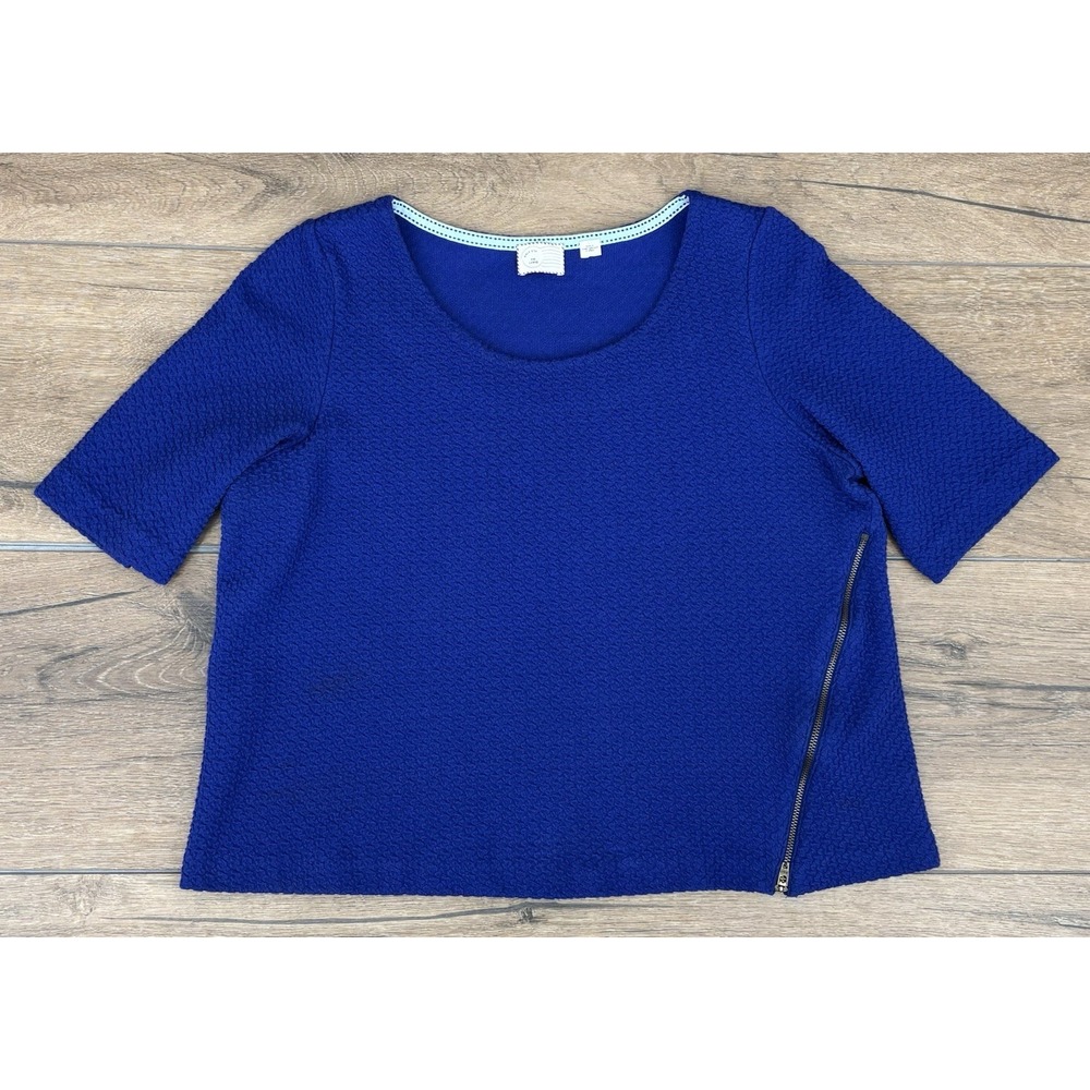 Postcard By Anthropologie Textured Side Zip Knit Top Large Blue Short Sleeve